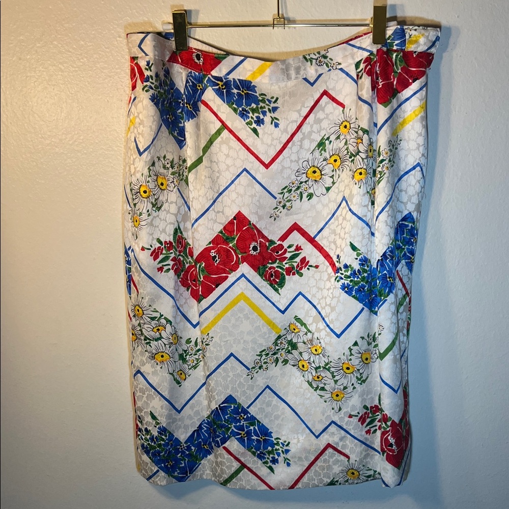 Anne Crimmins Umi Colorful Floral Chevron Silk Pencil Skirt 80s Vintage Large